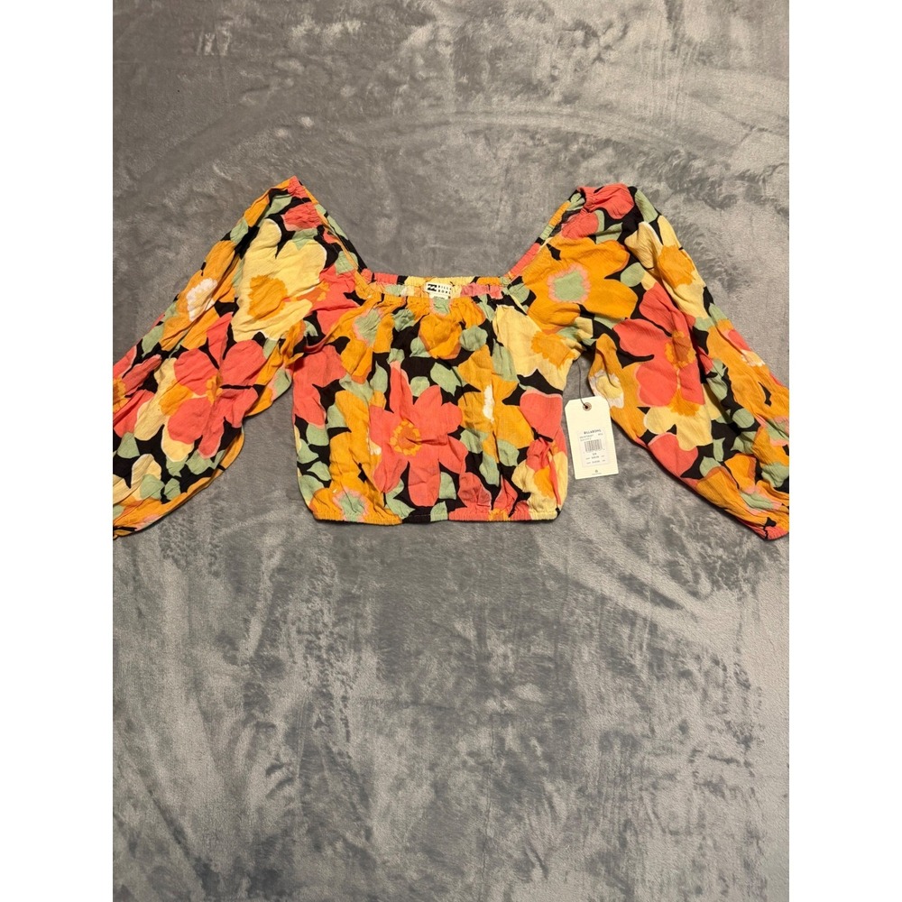 Billabong Sun City 2 Crop Top Womens Small Multicolor Floral Puff Sleeve